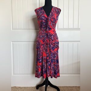 White House Black Market Coral & Navy Paisley Ruched Midi Dress